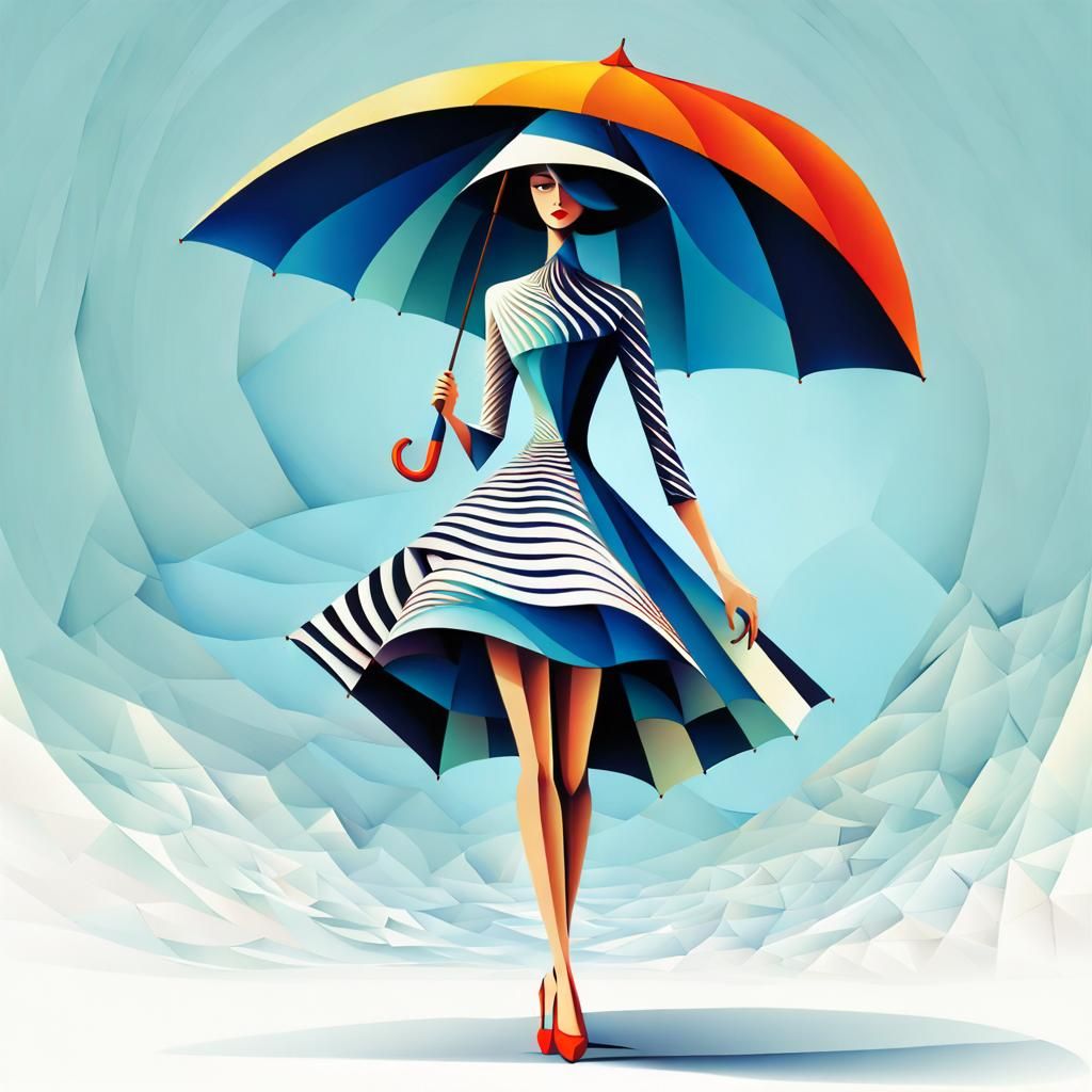 Abstract Cubist Woman with Umbrella and Hat