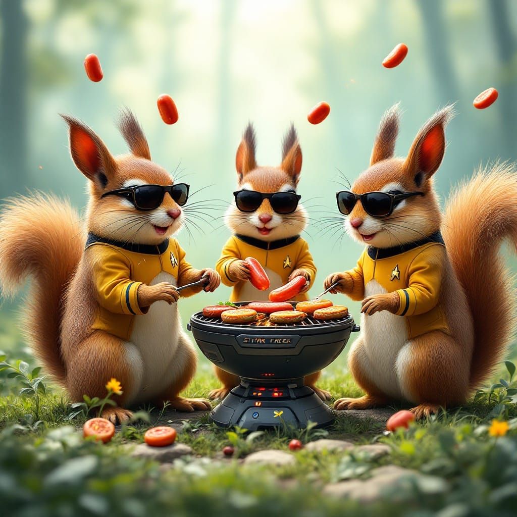 Squirrels in Futuristic Starfleet Uniforms Grill on a Lush B...