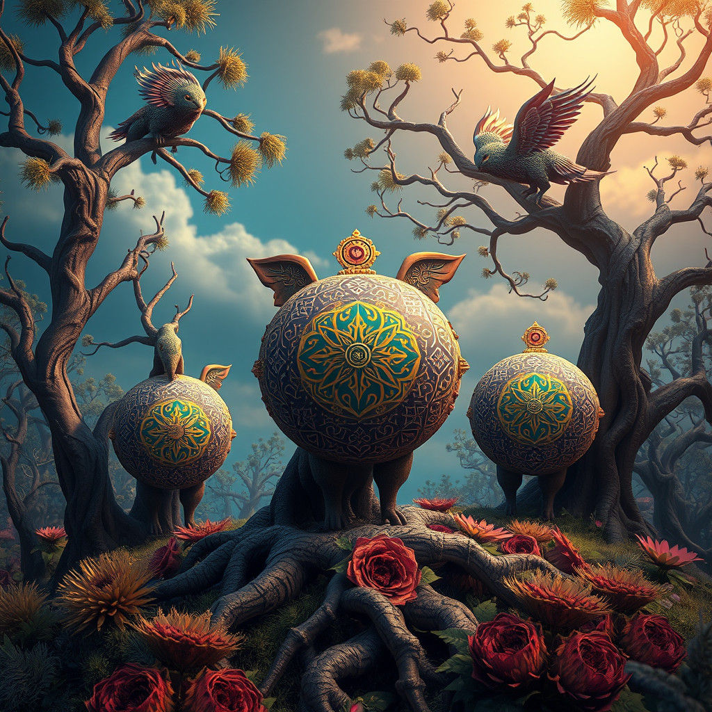 Mystical Round Animals in Dreamlike Landscape