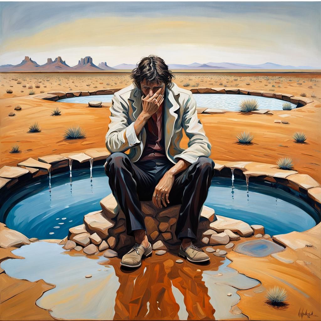 Crying Man in Desert, Vrubel-Style Oil Painting