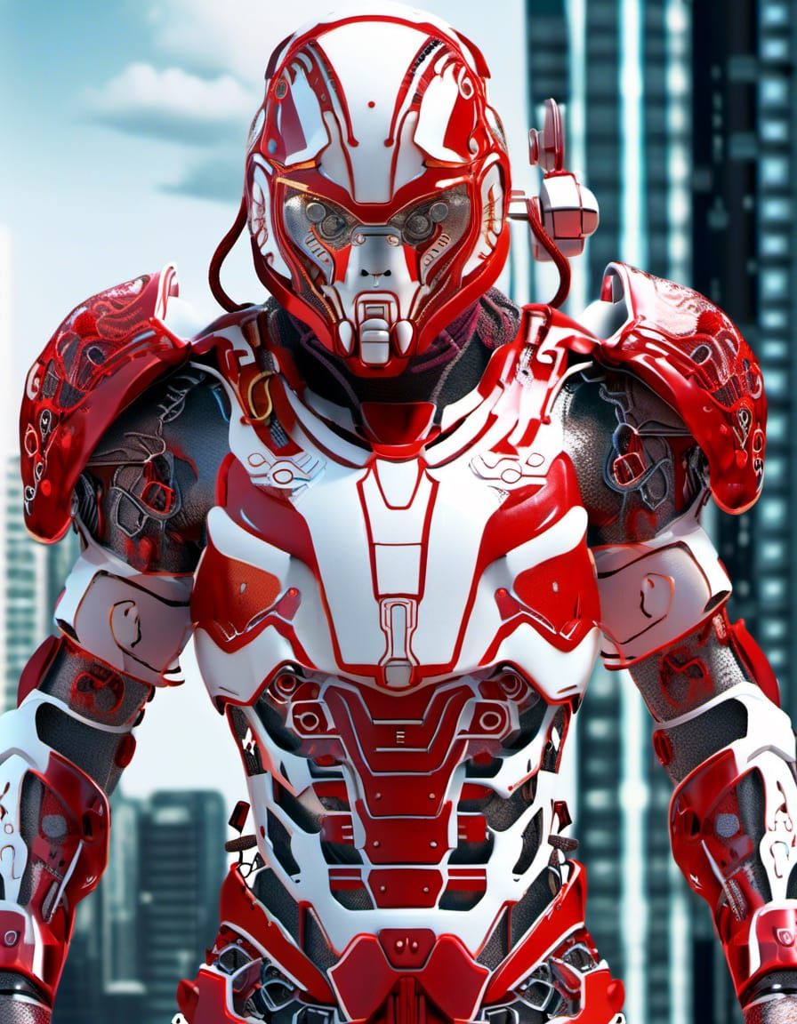 Futuristic Sci-Fi Soldier in Red and White Mecha Armor