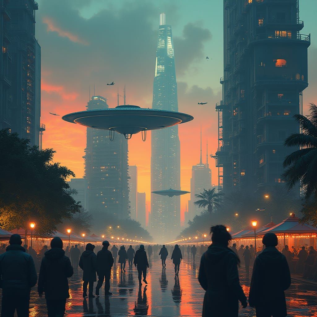 Cyberpunk Cityscape with Flying Cars and Advanced Technology...