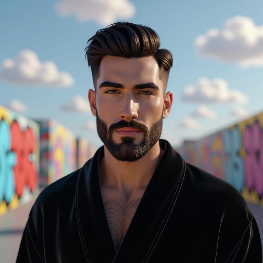 Man in Velvet Bathrobe with Abstract Art Elements