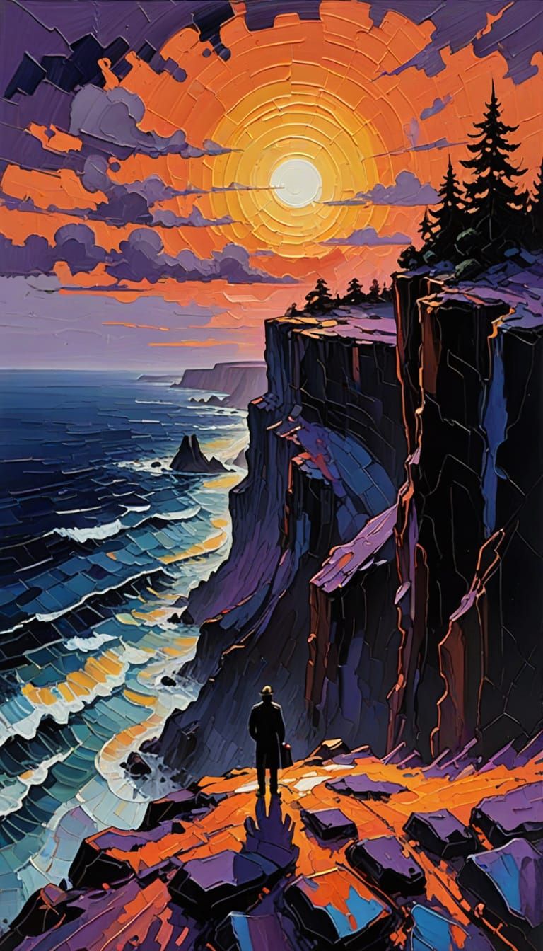 Neo-Impressionist Silhouette on Cliff Edge at Sunrise