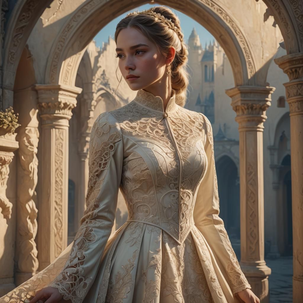 Cream Dress Fantasy Girl: Matte Painting Concept Art