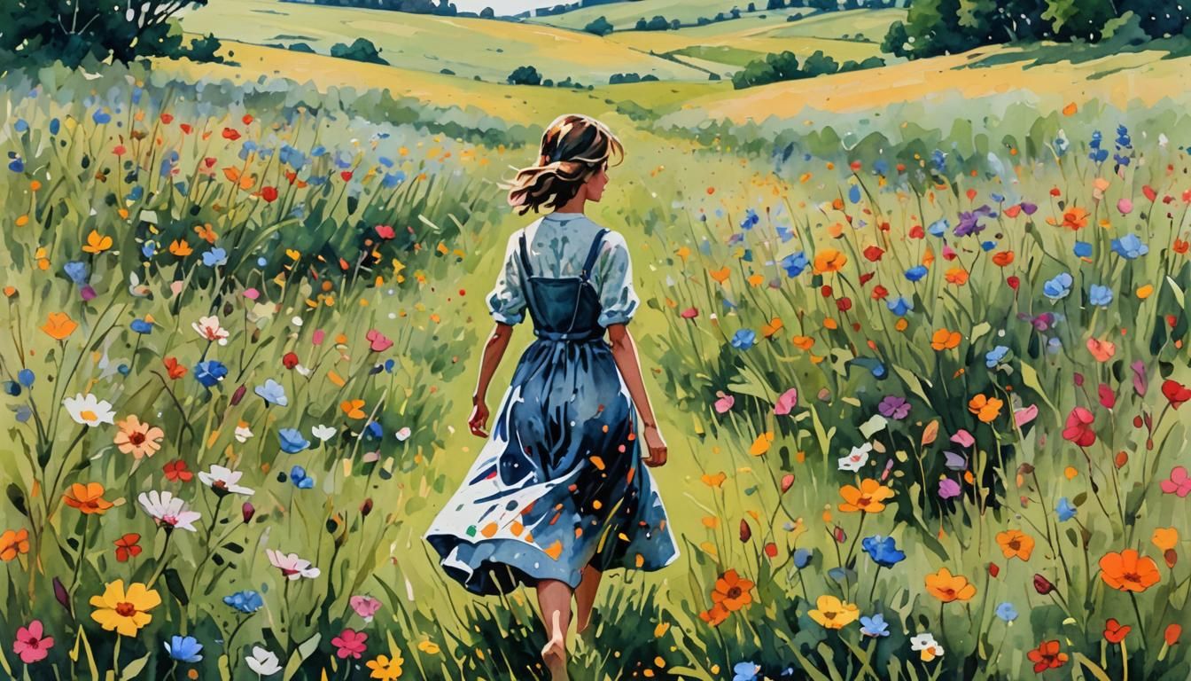 A girl walks away from me in a summer meadow full of flowers.
