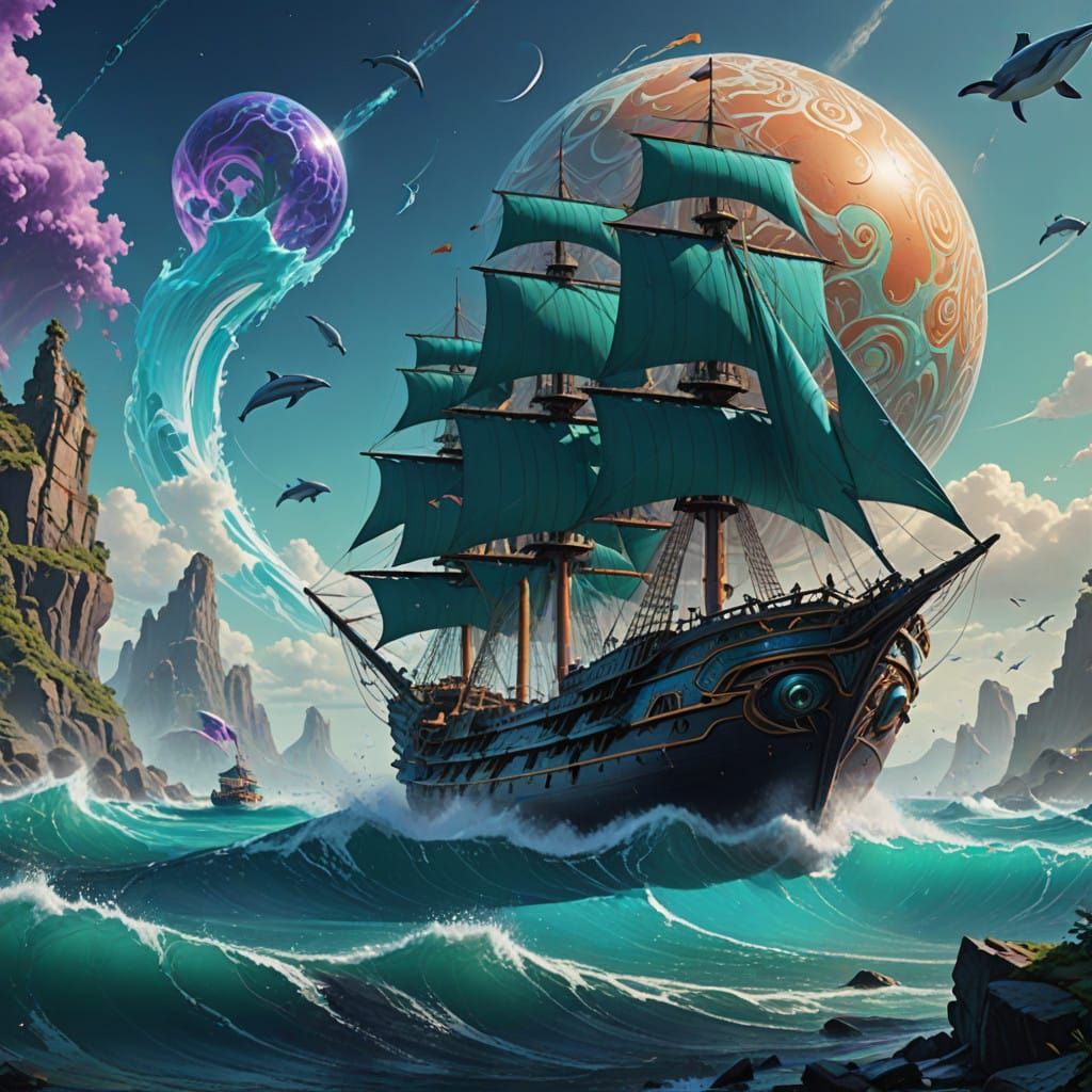 Majestic Fantasy Ship Sails Turbulent Seas with Dolphins
