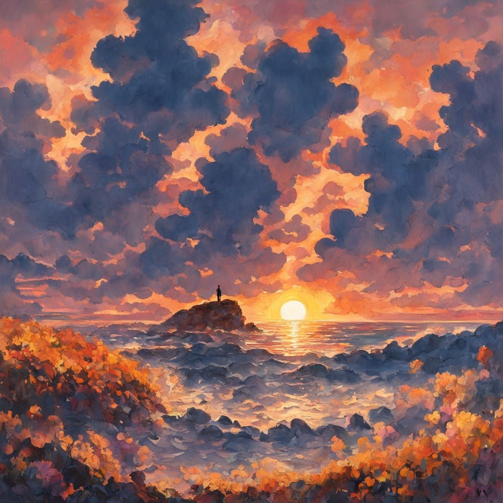 Man Stands on Cliff, Silhouetted Against Vibrant Sunset