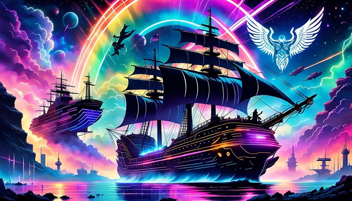 Thor as Cyberpunk Pirate Sailing Rainbow Bridge