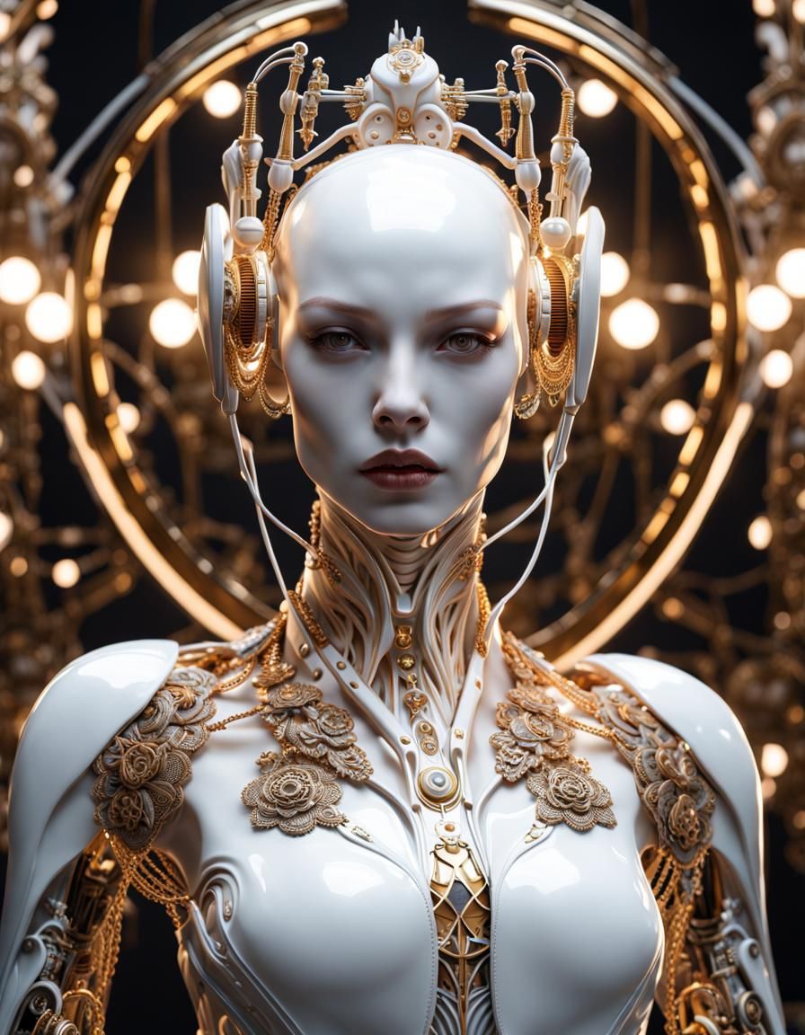 Porcelain Cyborg Vampire in Luxurious Cyberpunk Style