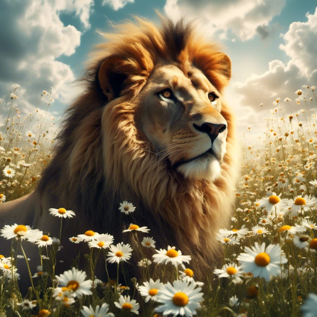 Hyperrealistic Lion and Lambs in Daisy Field