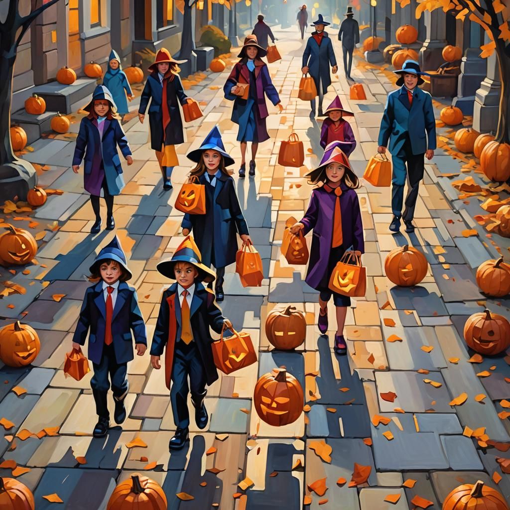 Abstract Cubist Halloween Scene with Children