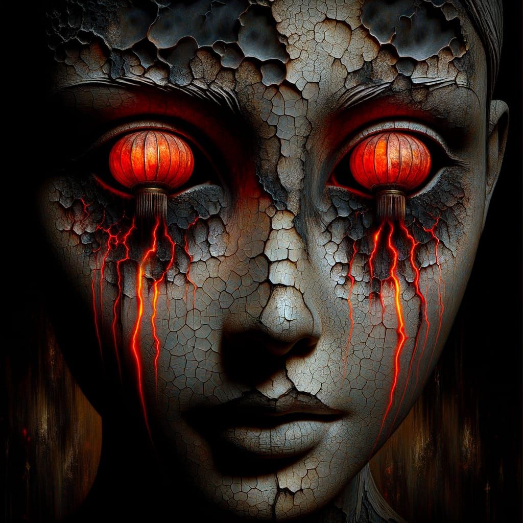 Eerie Sculpture of Woman with Lantern Eyes