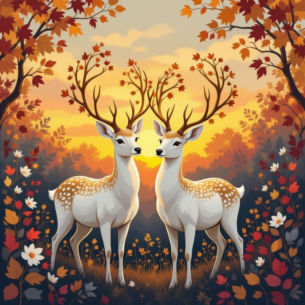 Mythic Deer with Golden Tree Antlers in Autumn Twilight