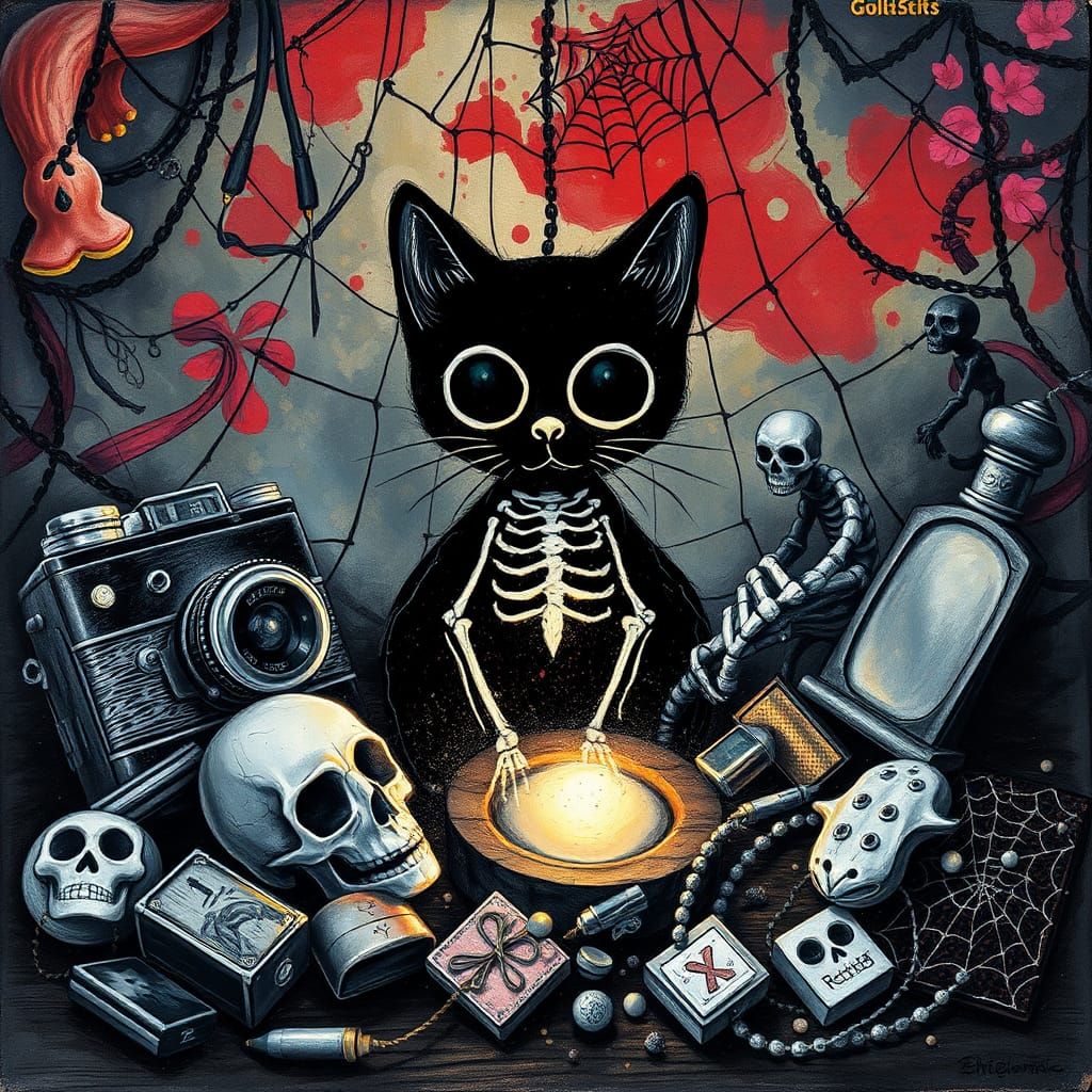 Black Cat with Santa Muerte, Childlike Crayon Art