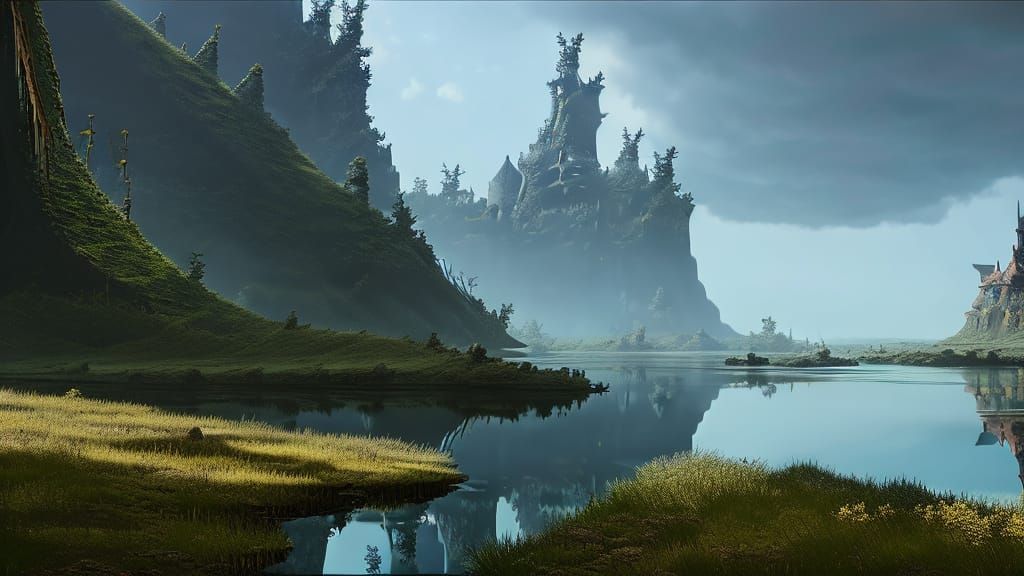 Wetlands and Cliffside Matte Painting in Deep Color