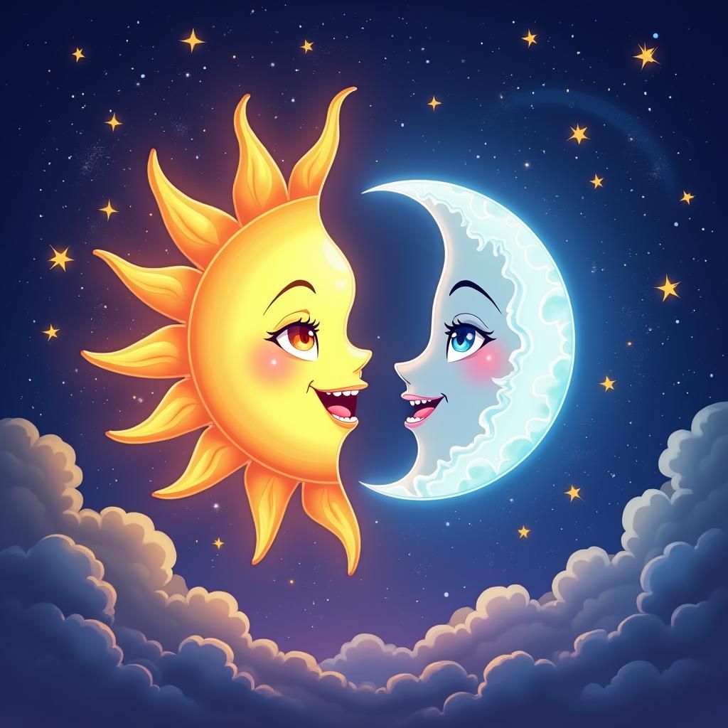 Cartoon Sun and Moon Celestial Companions