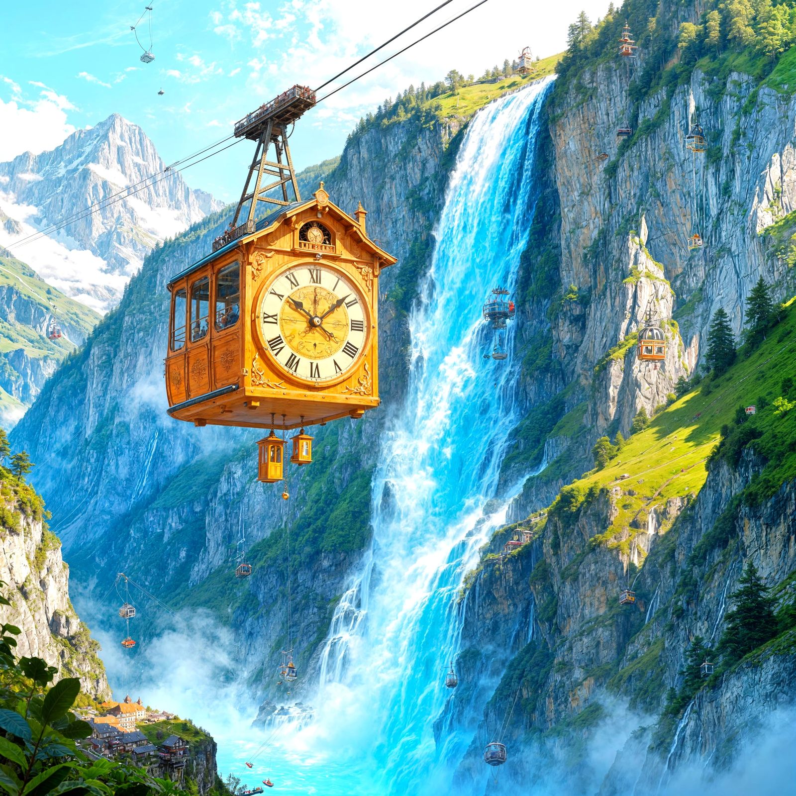 Giant Cuckoo Clock Cable Car Over Swiss Alps Waterfall