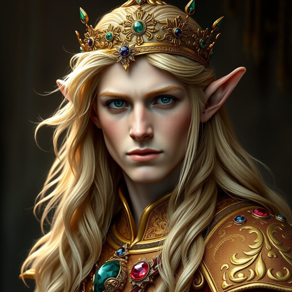 Regal Blond Elf Prince with Golden Attire and Crown