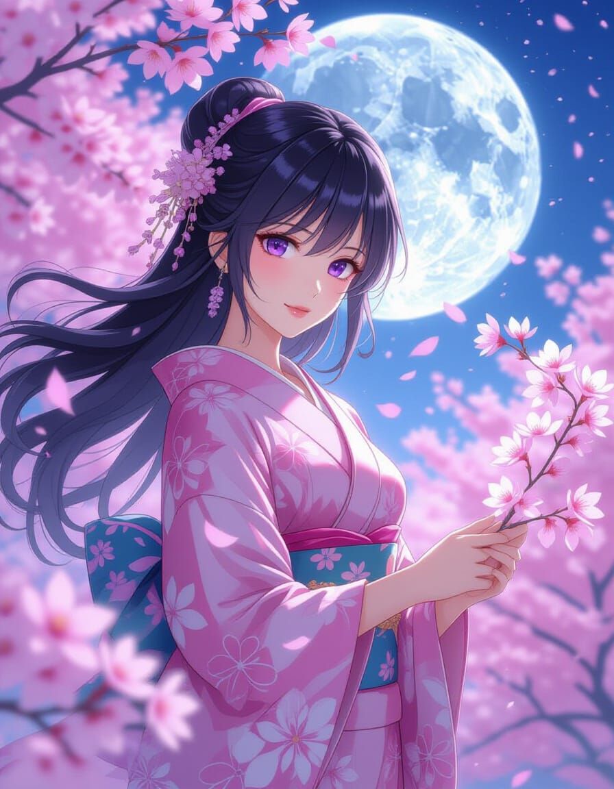 Majestic Japanese Woman in Cherry Blossom Moonlight