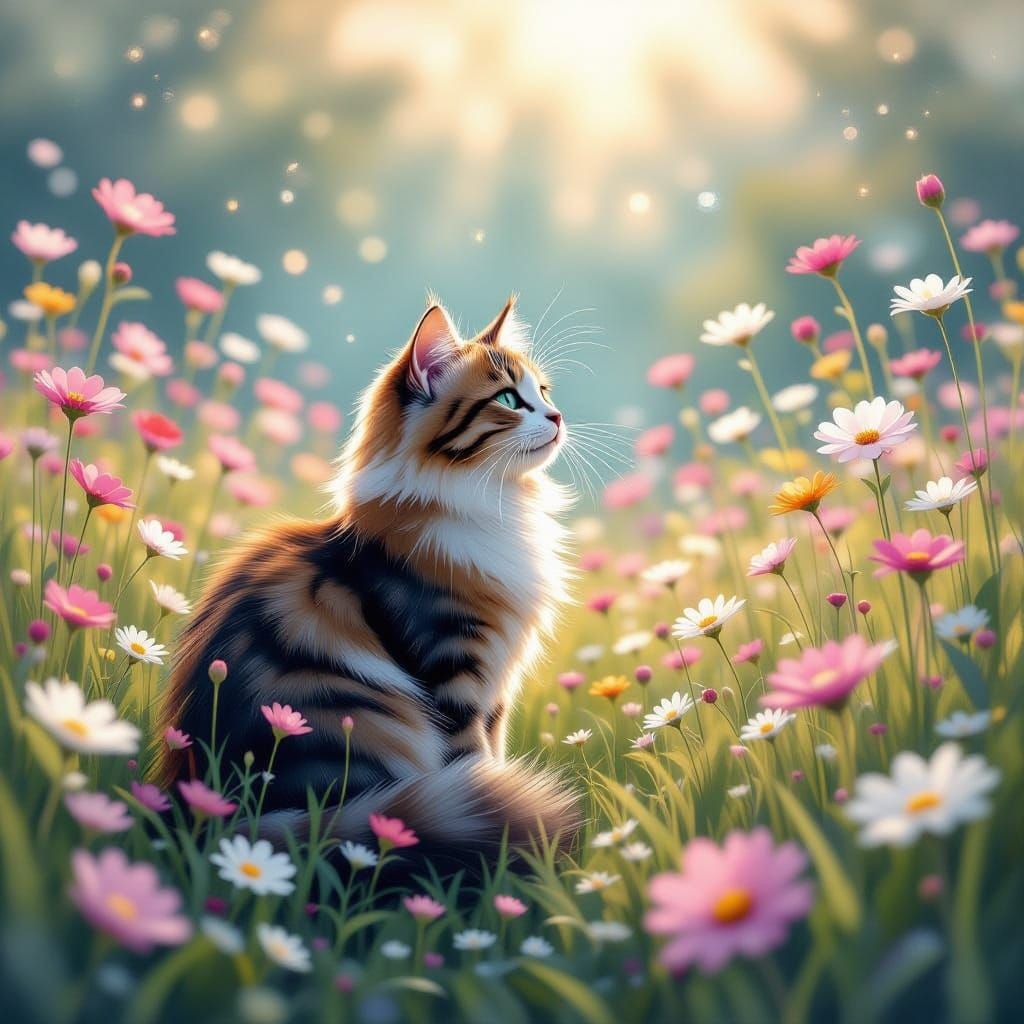 Whimsical Cat in Circuit Board Flower Meadow