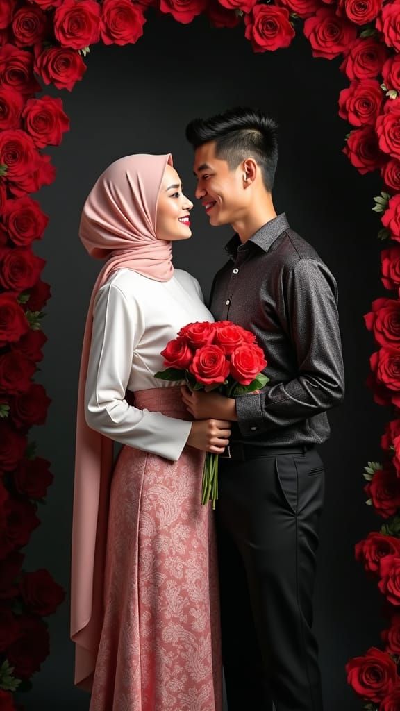 Romantic Korean Couple in Traditional Indonesian Attire
