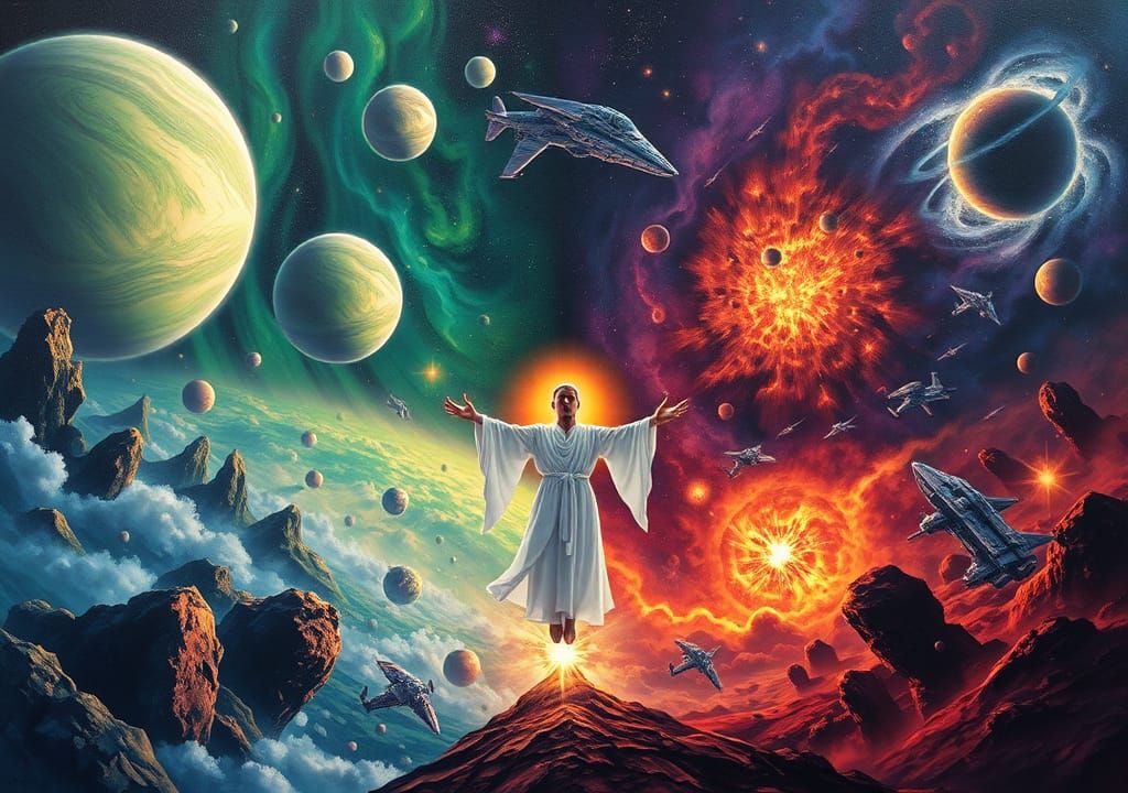 Balanced Cosmic Landscape in Ethereal Sci-Fi Style