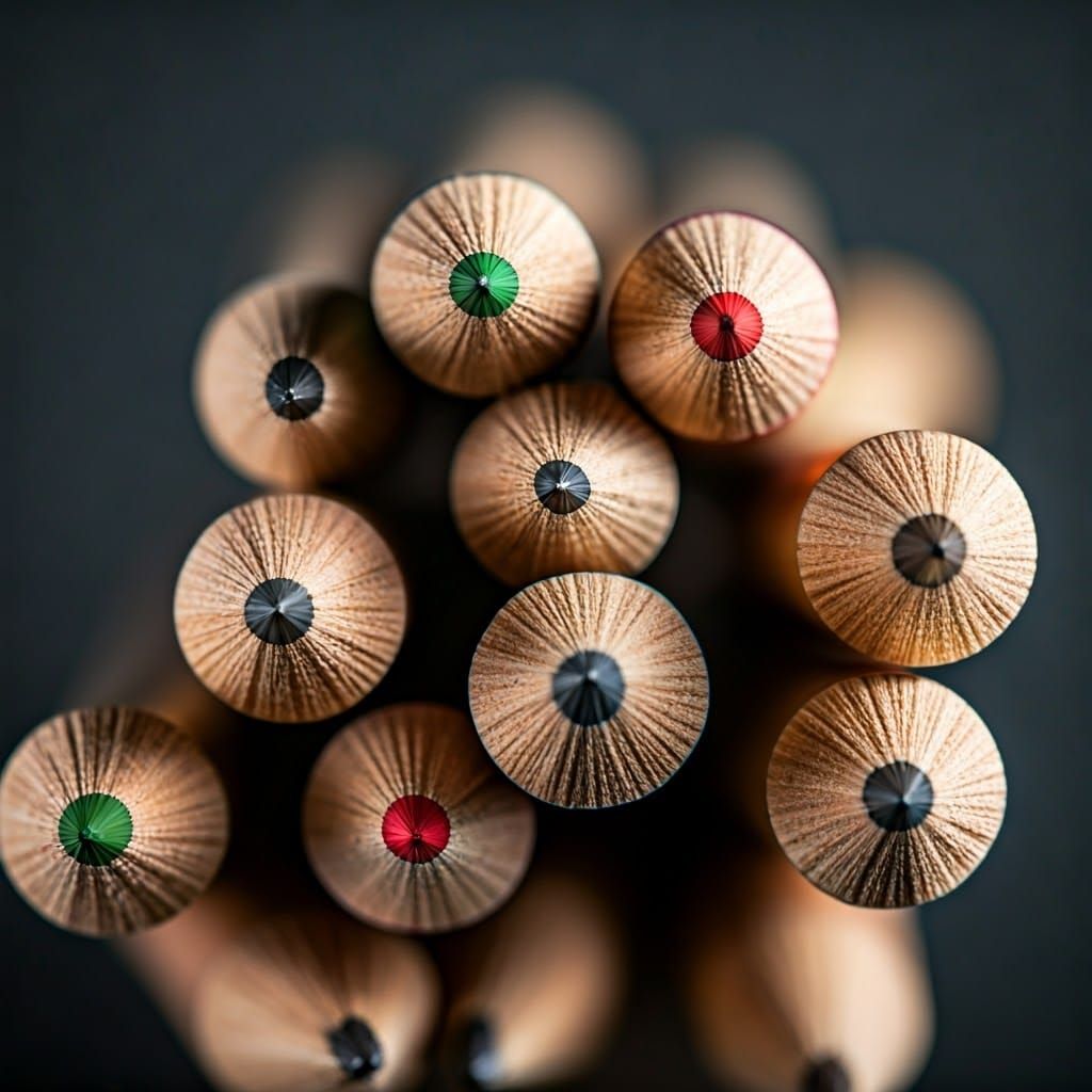 Photorealistic image close up blunt ends of pencils focusing on hexagonal shapes and different coloured cores