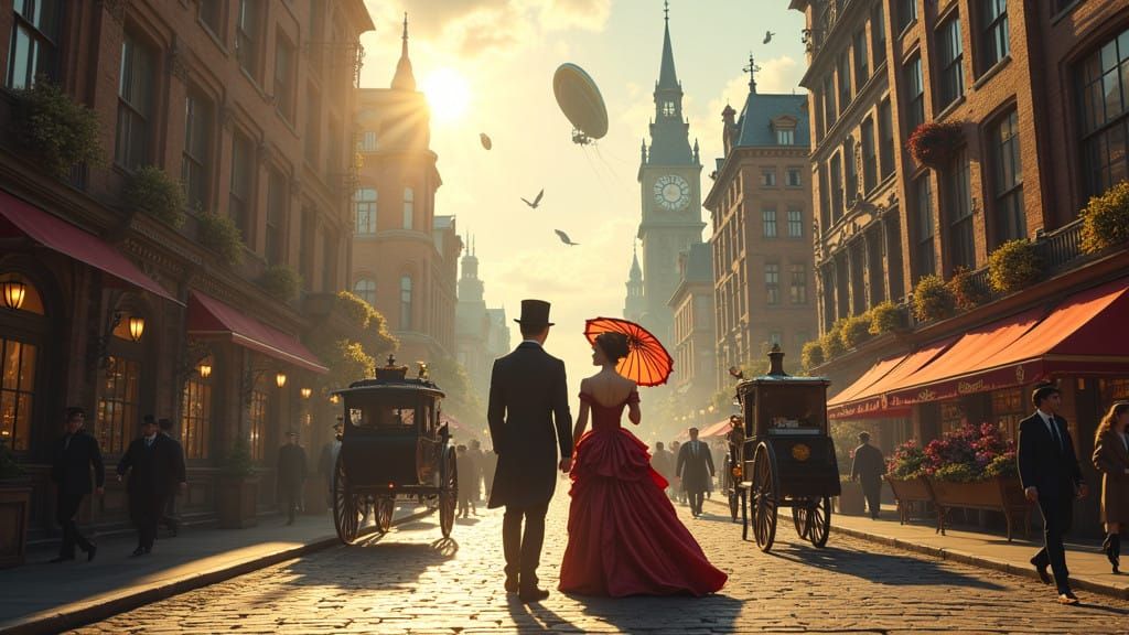 Vibrant Steampunk Metropolis Basks in Warm Sunlight