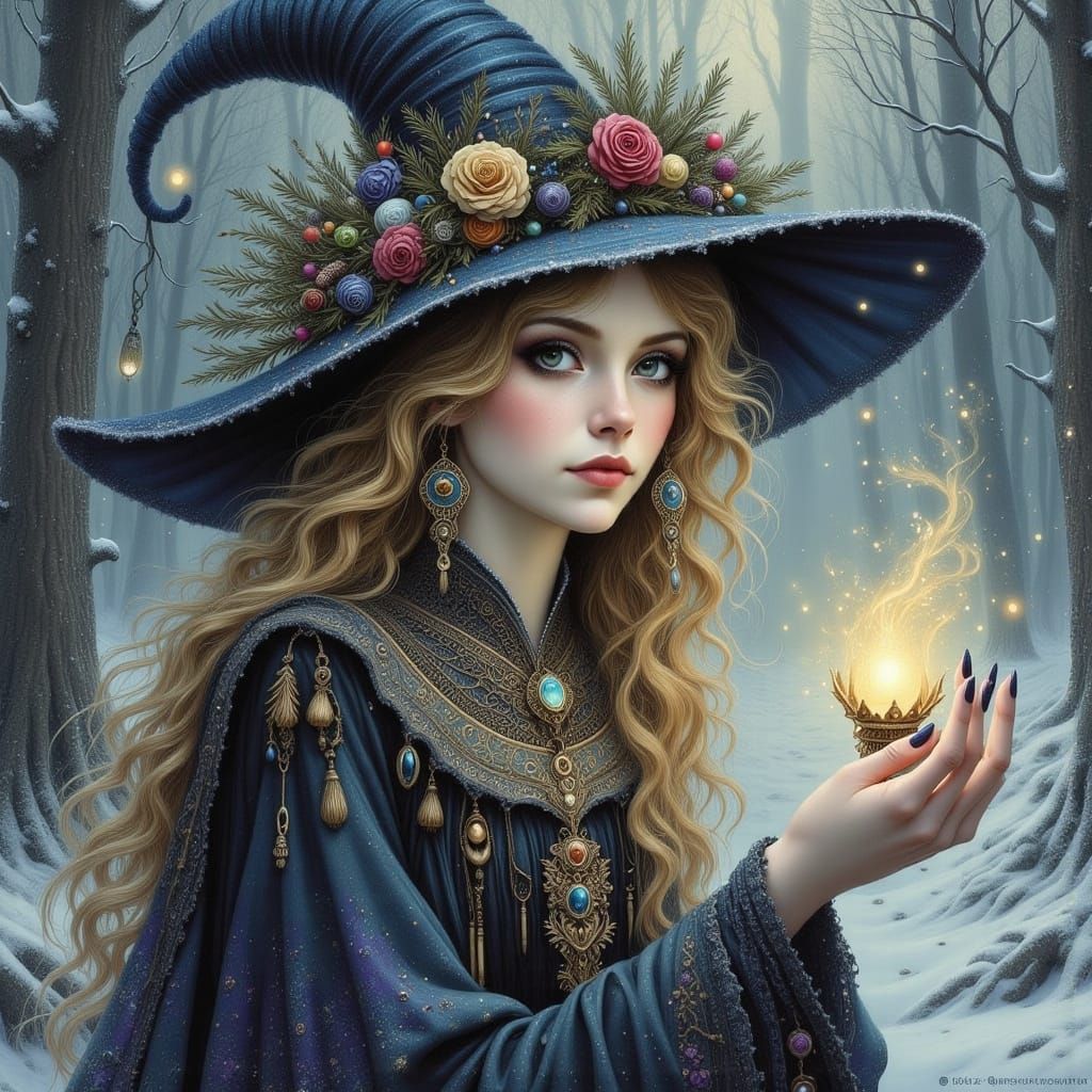 Beautiful Winter Witch Casting Spell