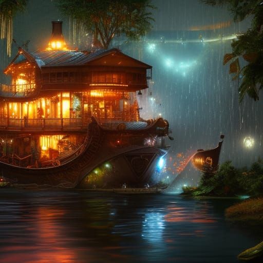 Steampunk Houseboat on Jungle Lake: 8K Concept Art