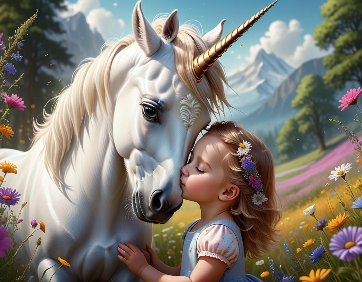 Little girl and her baby unicorn