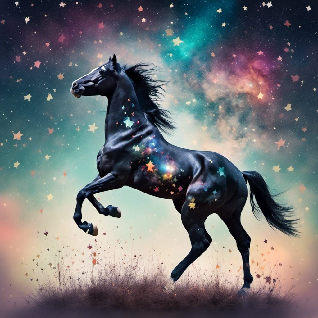 Stallion Rearing in Double Exposure Starscape