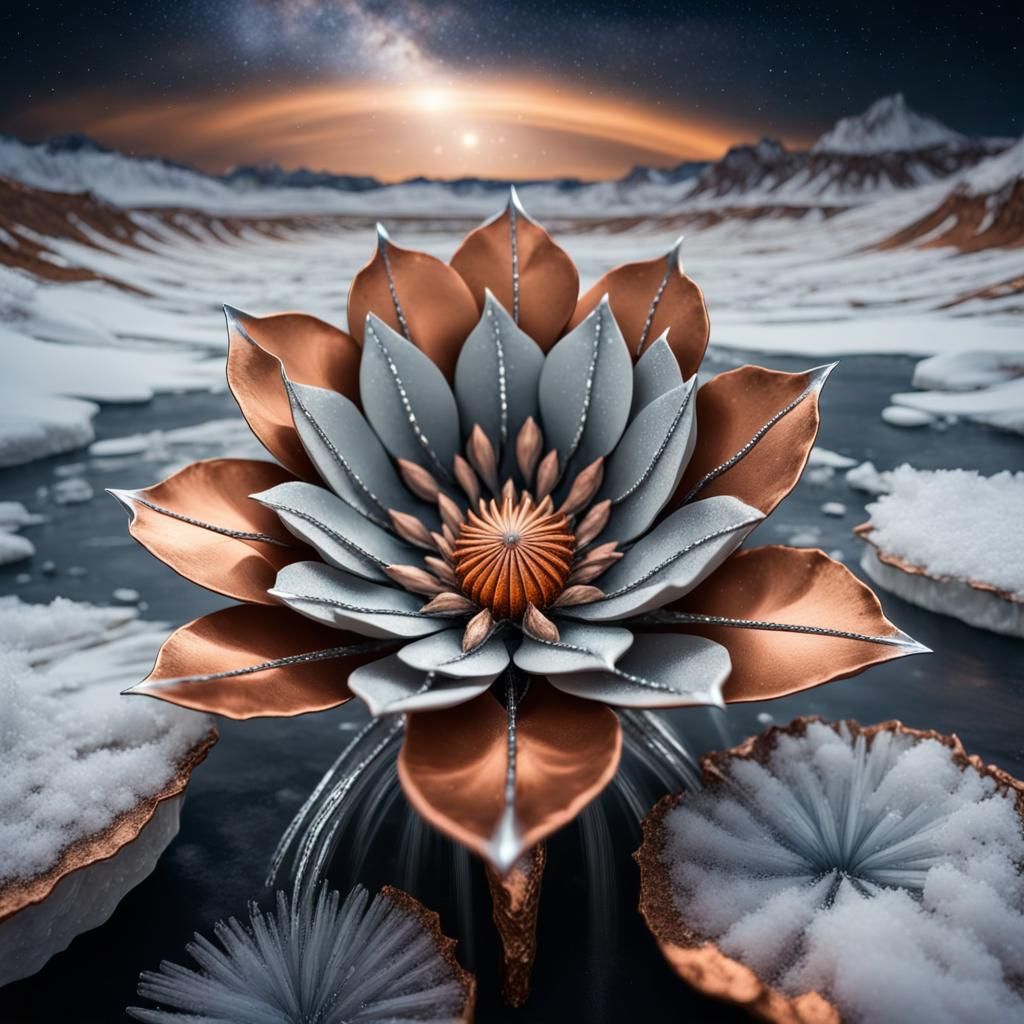 Copper and Silver Flower on Frozen Moon