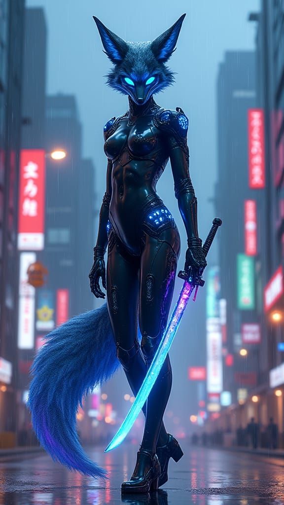 Cyberpunk Kitsune Goddess in Neon Tokyo