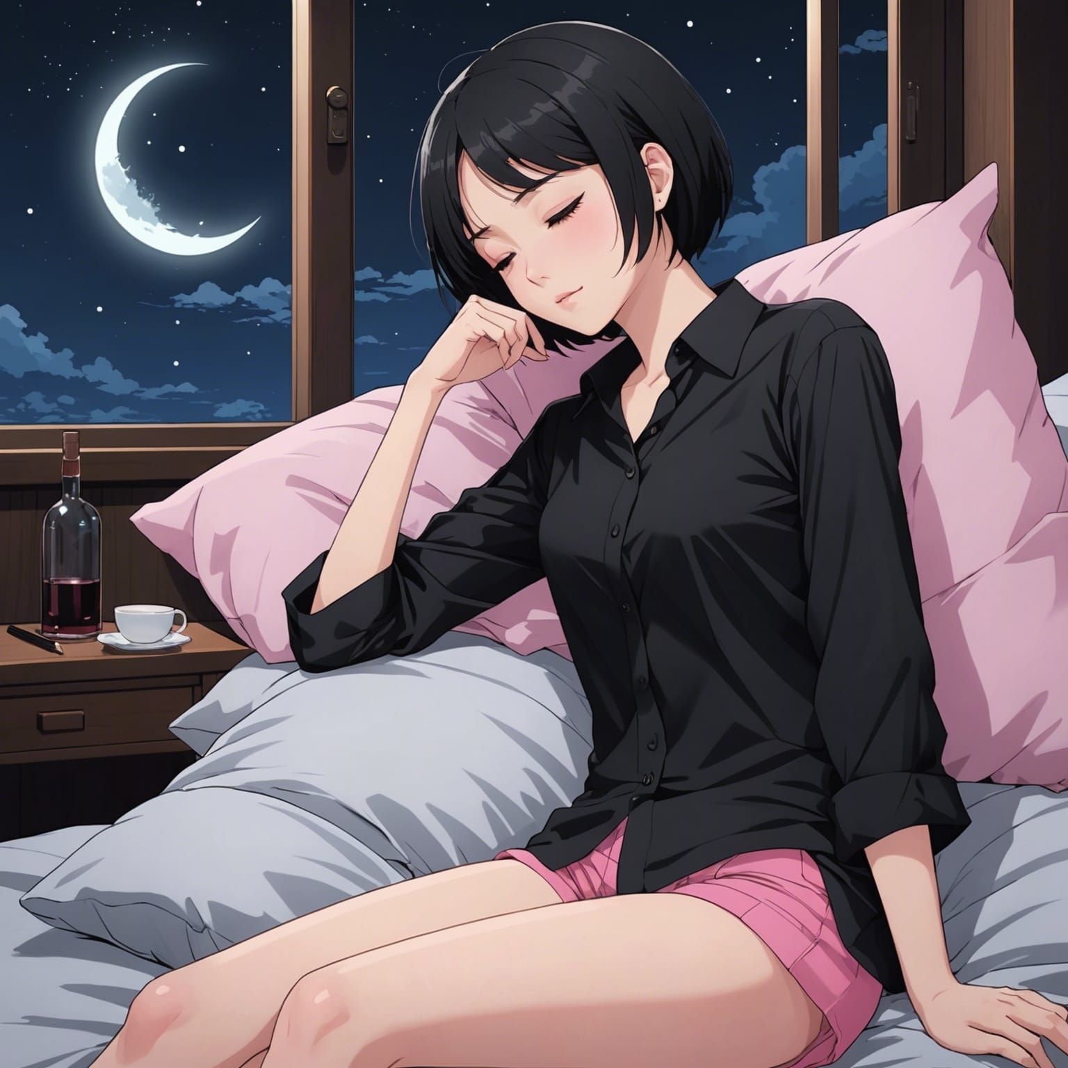 Anime Woman Sleeping at Night in Manga Style