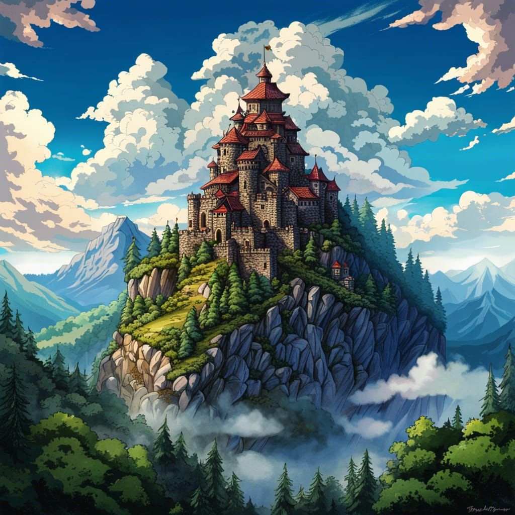 Anime Stone Castle with Mountain and Forest