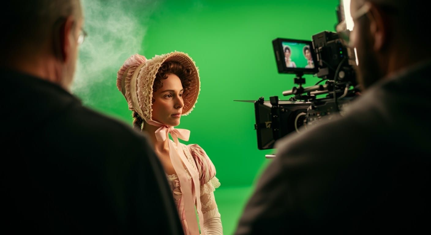 Cinematic Actress Portrait in Regency-Era Gown with Vibrant....