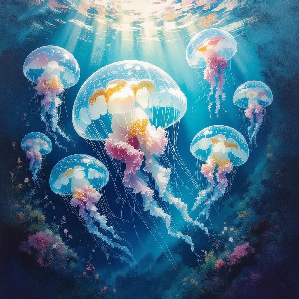 Jellyfish in Underwater Paradise, Ink Wash Style