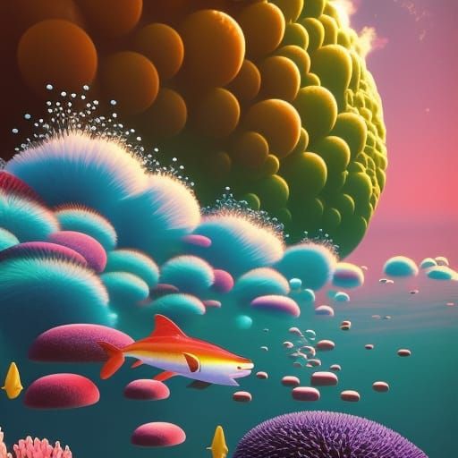Underwater Volcano Eruption with Bubbles and Rainbows