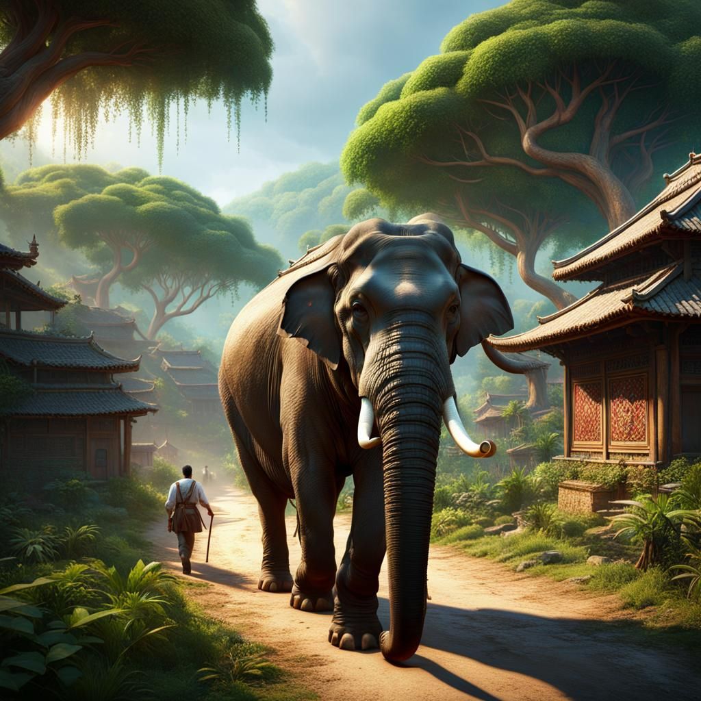 Asian Elephant in Rural Village: Fantasy Concept Art