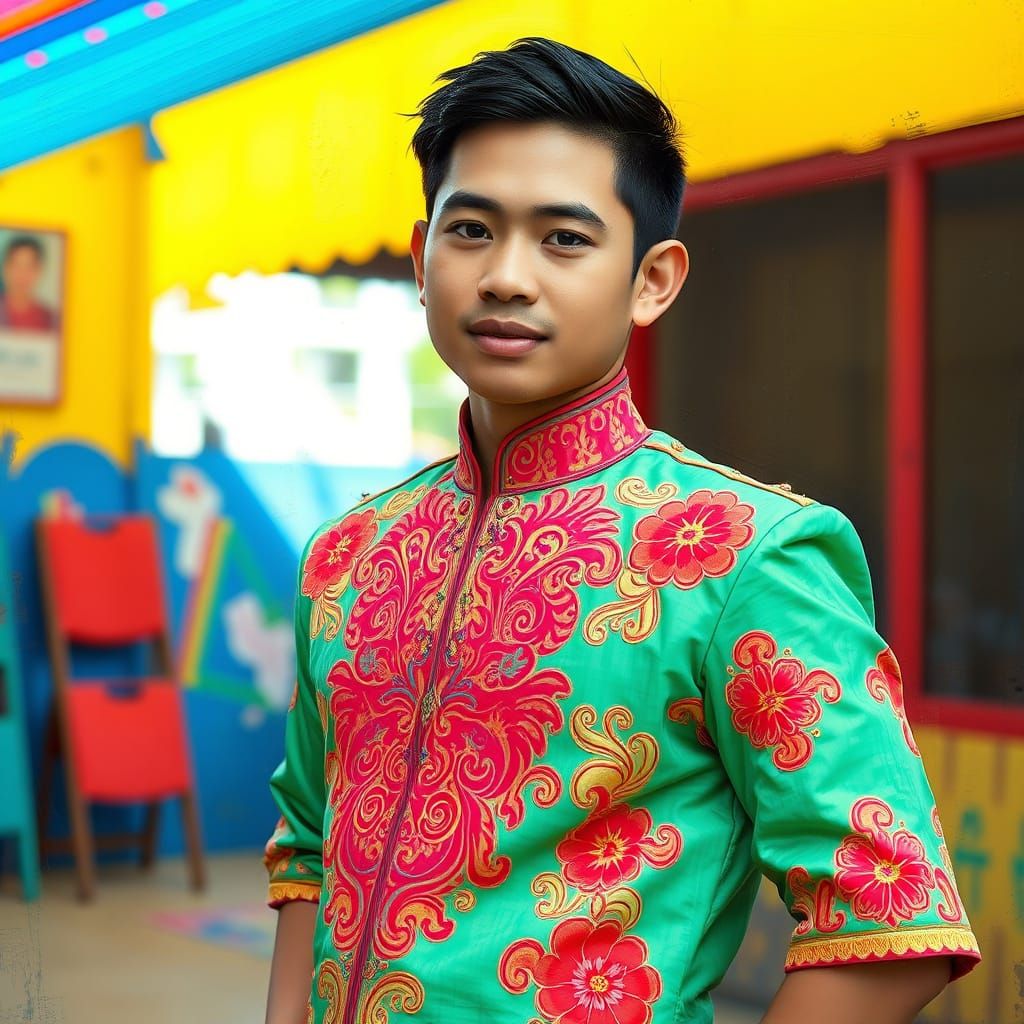 Confident Filipino Youth in Vibrant Barong Tagalog