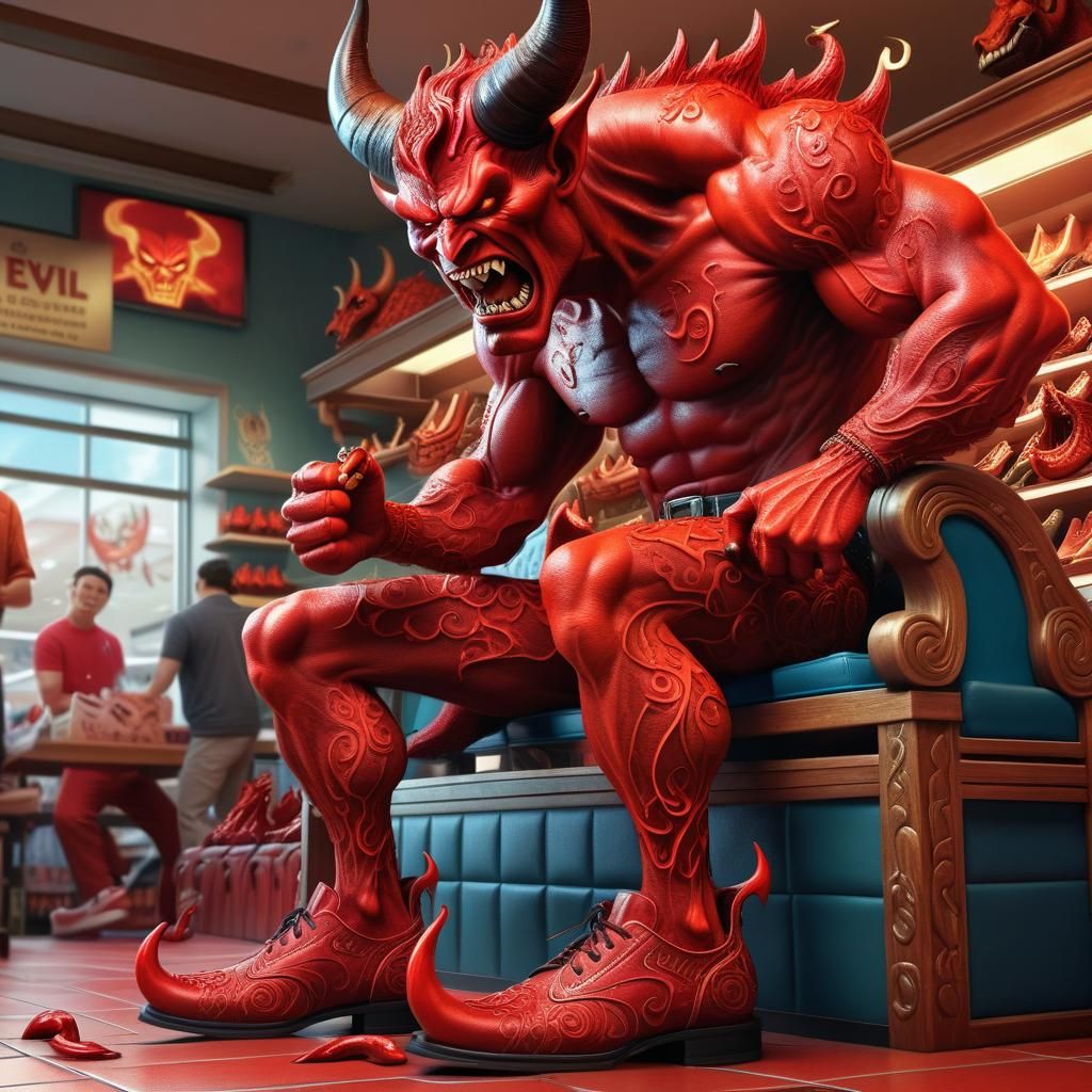 Red Devil Shoe Shopping, Hyper-Realistic Digital Art