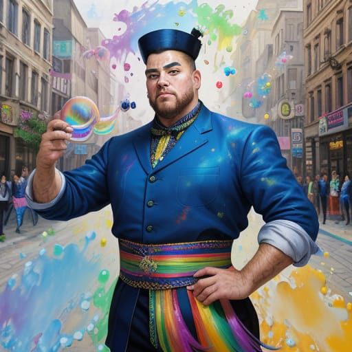 Street Magician Juggling Rainbow Bubbles in Vibrant City Squ...