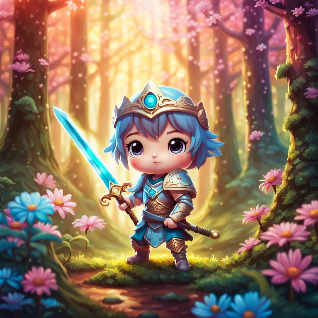 Chibi Flower Knight in Magical Forest Illustration
