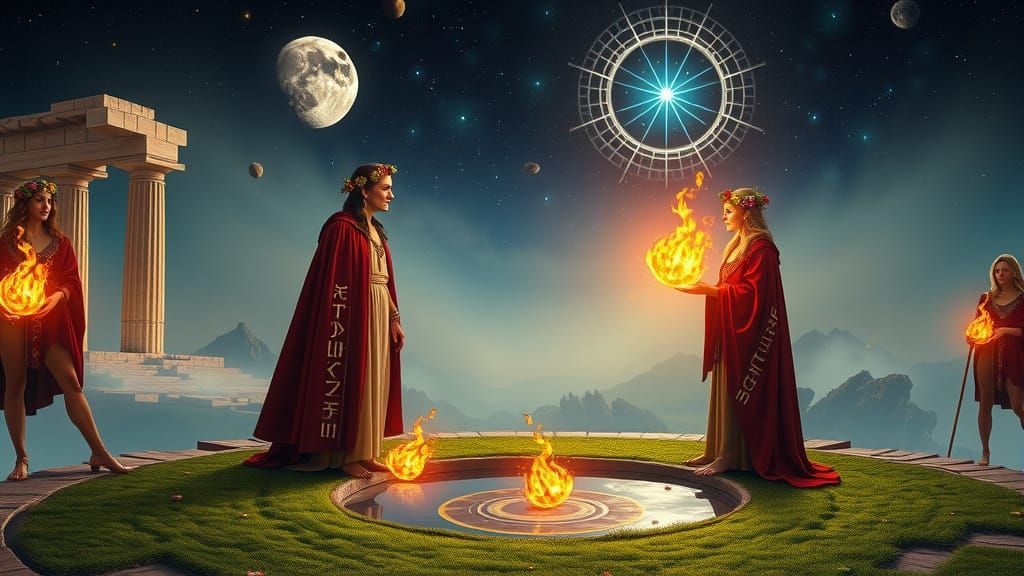 Ancient Priestesses and Oracle in Delphi Ruins