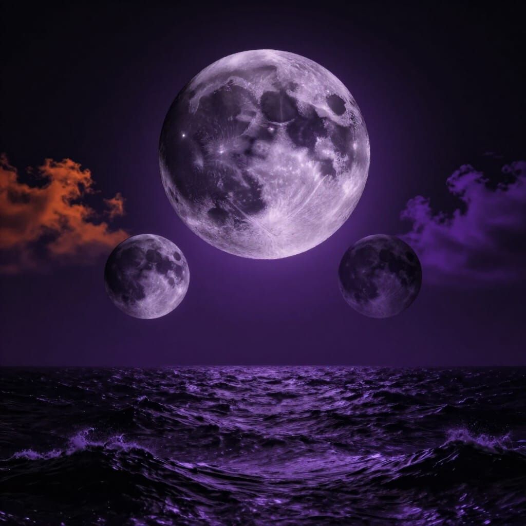Dark Cosmic Scene: Three Moons Over Raging Sea