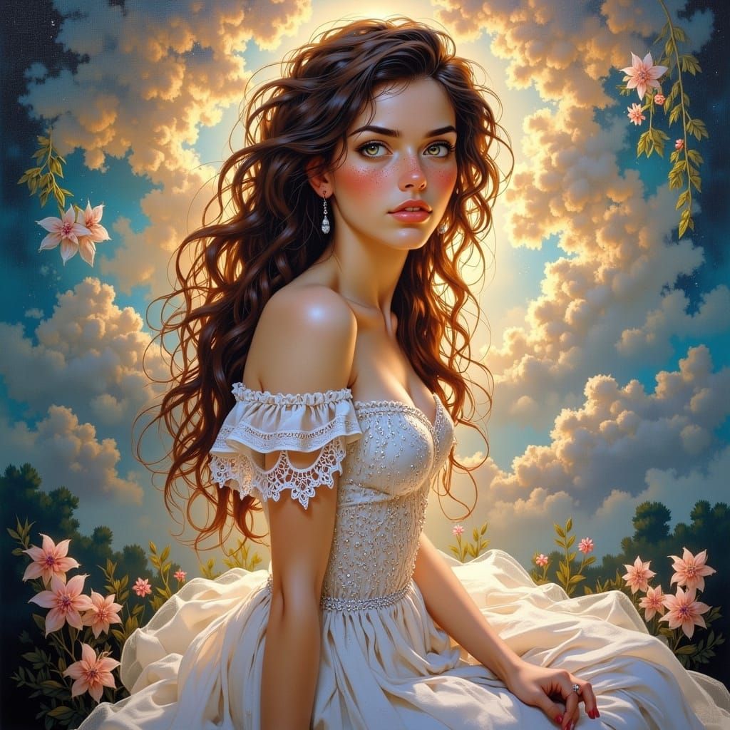 Ethereal Lady in Sparkling Gown Basks in Heavenly Light