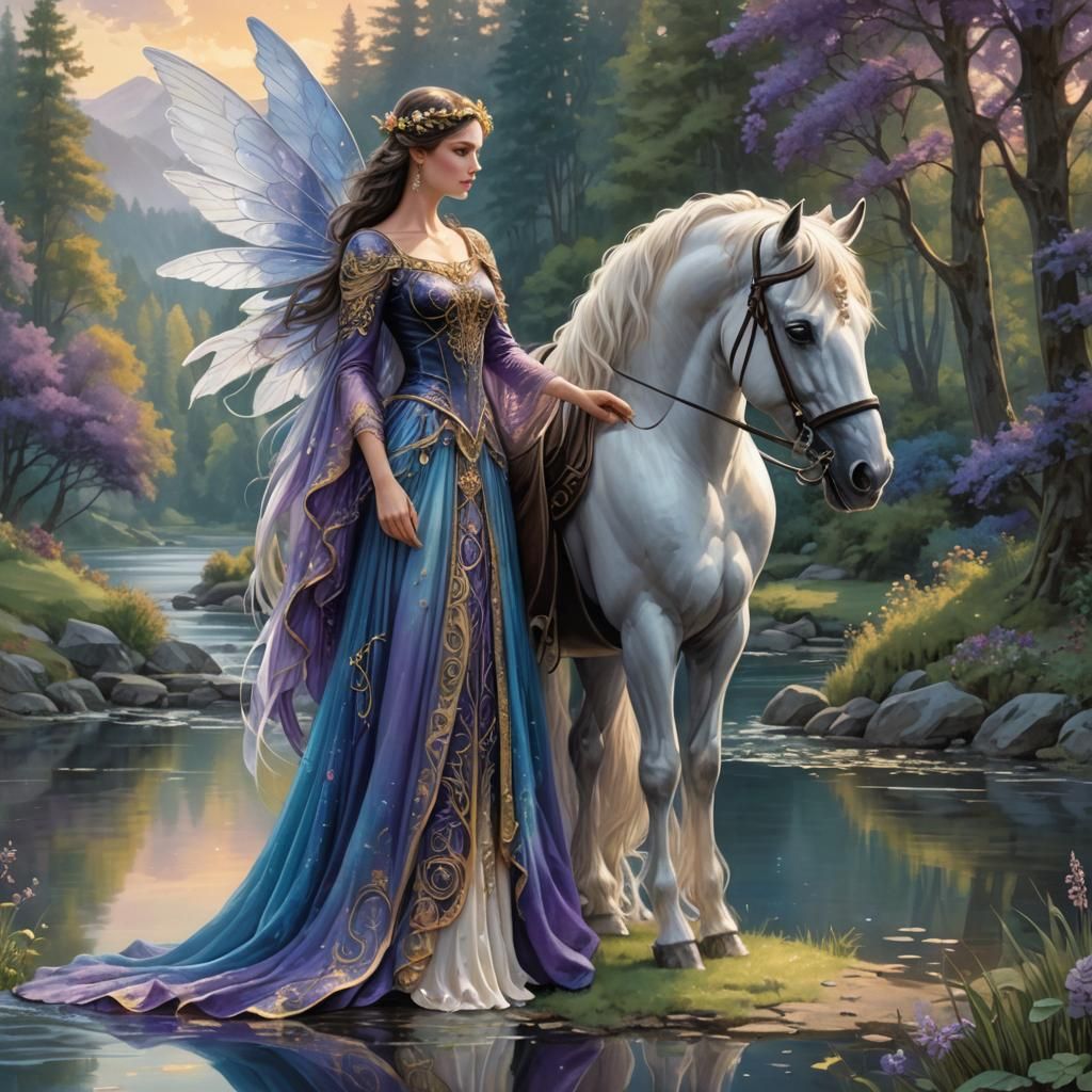 Fairy and Friesian Horse by Lake