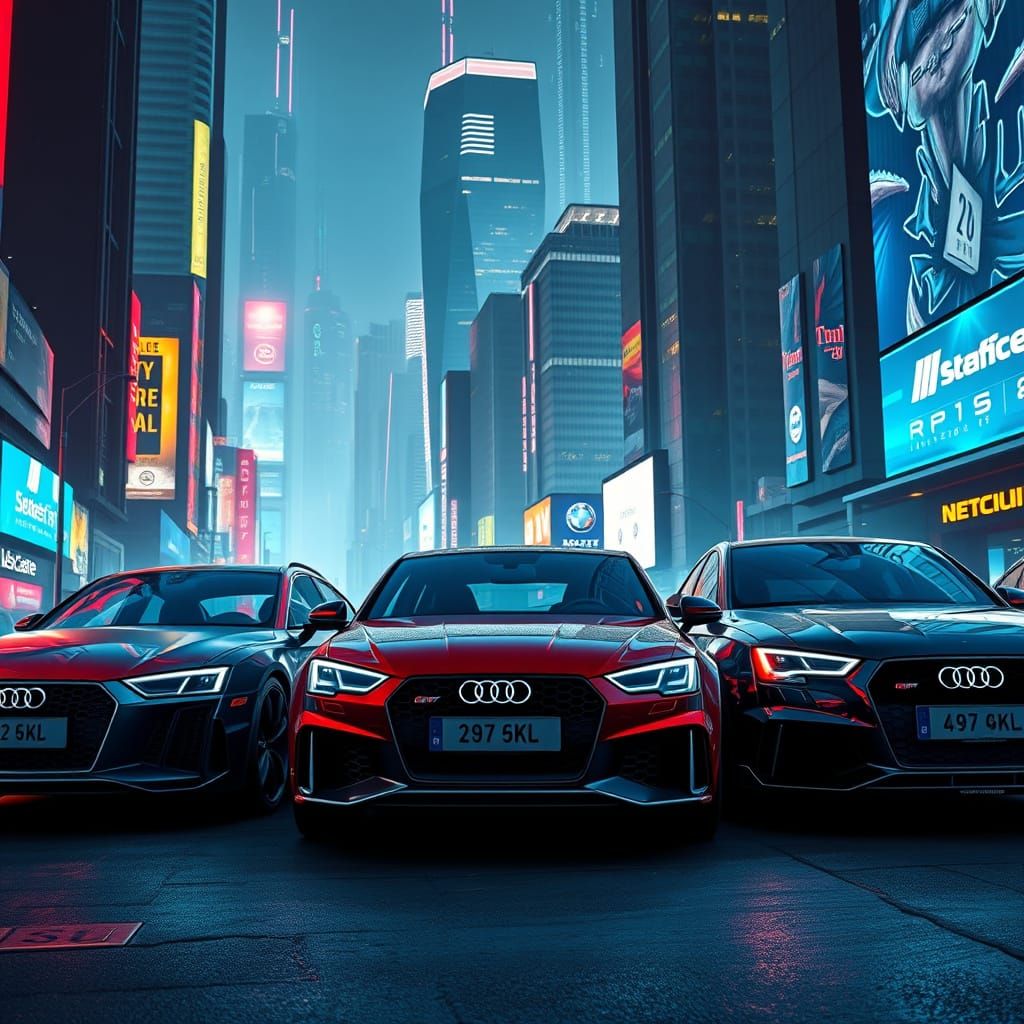 Audi Supercars in Futuristic Cityscape, Matte Painting Style
